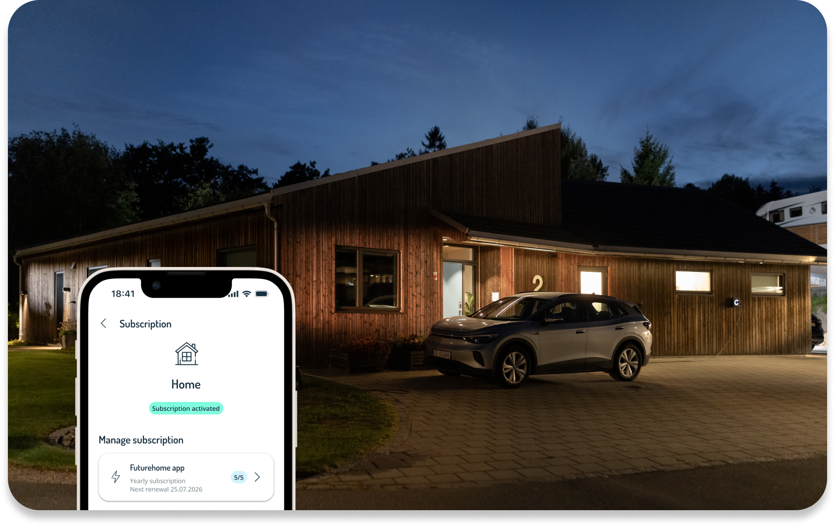 Photo of a house with a car in front of it in the backgrounds and screenshots from a mobile app in front.